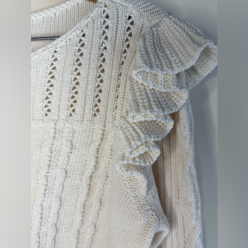LOFT Ivory Ruffle Cable Knit Sweater - Picture 2 of 6